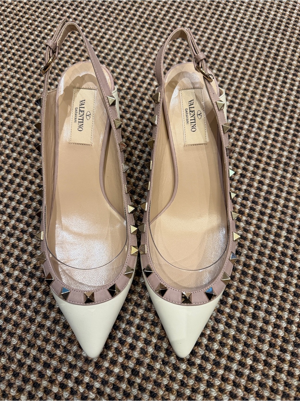 Valentino Two-Tone Rockstud Pointed Toe Slingback Flats in White and Blush